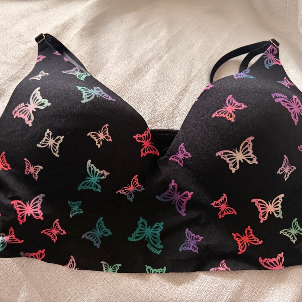SOLD. PINK Victoria's Secret Black Push-up Wite Free Bra with Butterfly designs